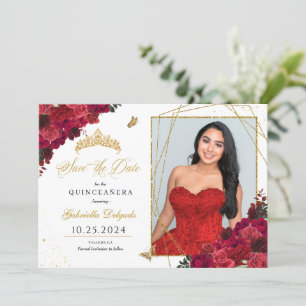 Red Roses Photo Card Quinceañera Save The Date