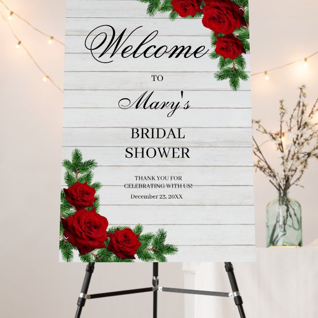 Red Roses & Pine Branch Bridal Shower Welcome Sign (In Situ (Stand))