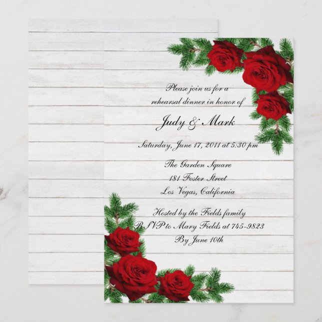 Red Roses & Pine Branch Christmas Rehearsal Dinner Invitation (Front/Back)