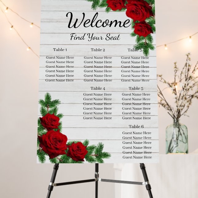 Red Roses & Pine Branch Christmas Seating Chart Foam Board (In Situ (Stand))