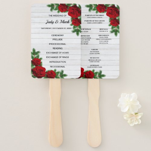 Red Roses  Pine Branch Christmas Wedding Program Hand Fan