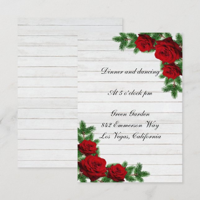 Red Roses Pine Branch Christmas Wedding Reception  Invitation (Front/Back)