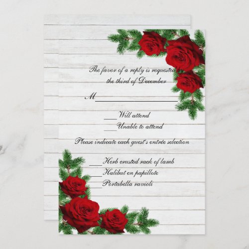 Red Roses Pine Branch Christmas Wedding RSVP Card