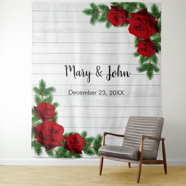 Red Roses & Pine Branch Wedding Photo Backdrop (In Situ)