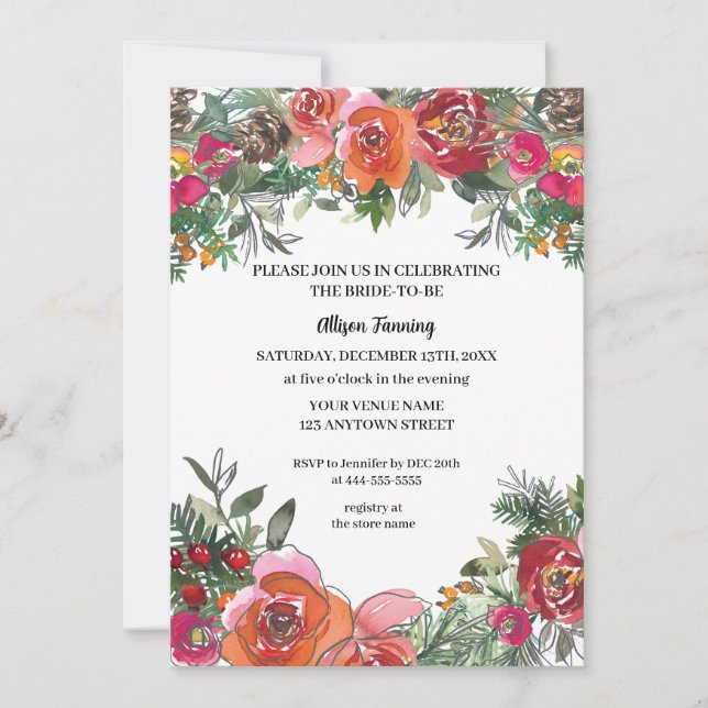  Red Roses & Pine Cones Watercolor Bridal Shower Invitation (Front)