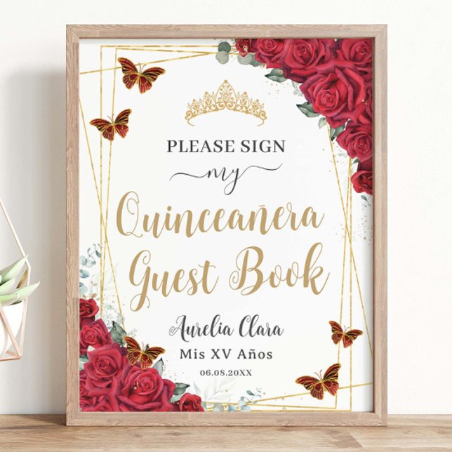 Red Roses Quinceanera Birthday Guest Book Sign (Creator Uploaded)