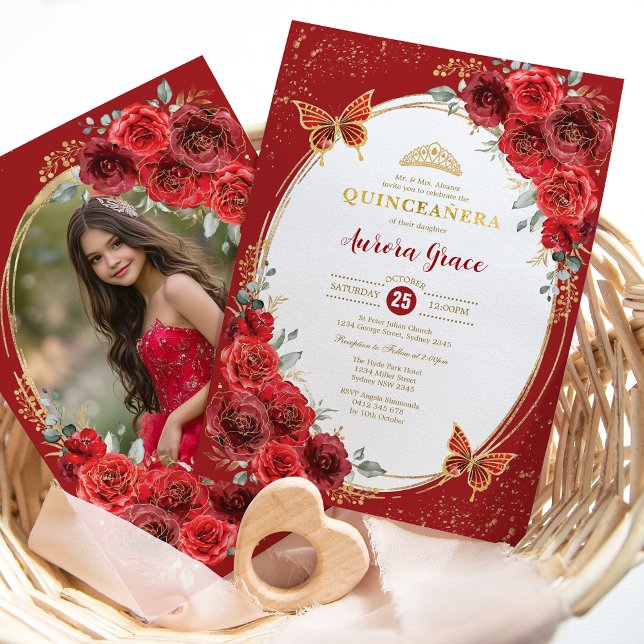 Red Roses Quinceañera Butterfly 15th Birthday Invitation (Creator Uploaded)