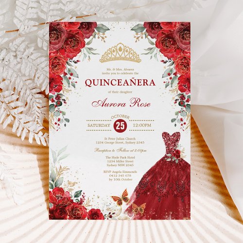 Red Roses Quinceaera Mis Quince 15th Birthday Invitation