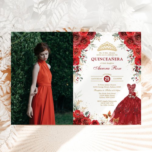 Red Roses Quinceaera Mis Quince Anos Photo Invitation