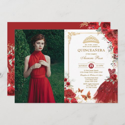 Red Roses Quinceaera Princess Tiara Mis Quince 15 Invitation
