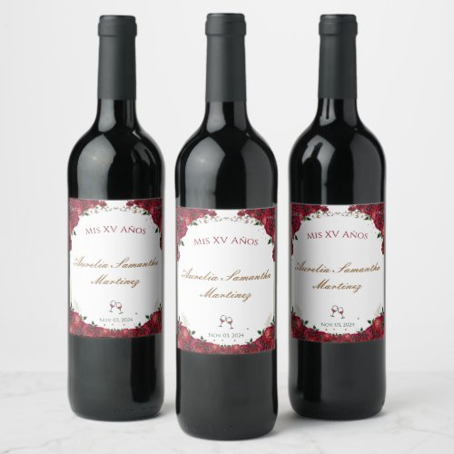 Red Roses Quinceaera Wine Bottle Labels