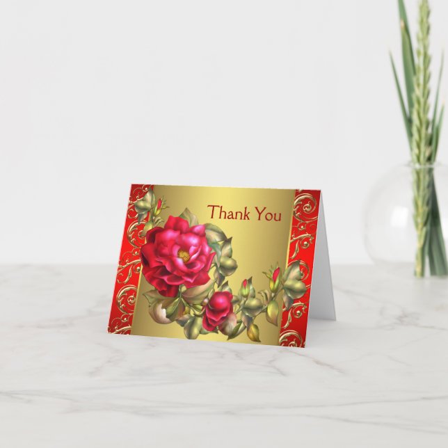 Red Roses Red Gold Thank You Cards (Front)