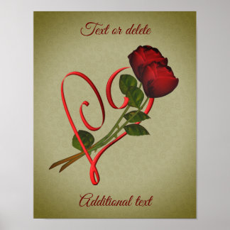 Red Roses Red Heart Elegant Add Your Text Poster
