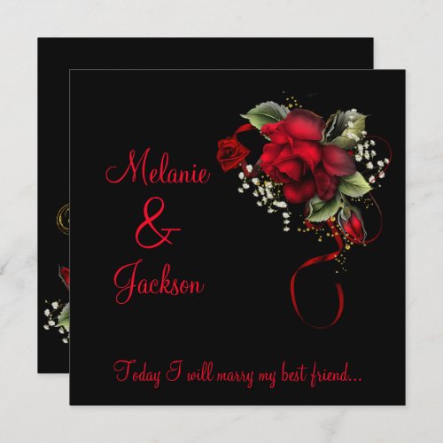 Red Roses Ribbon Babys Breath Wedding Invitation