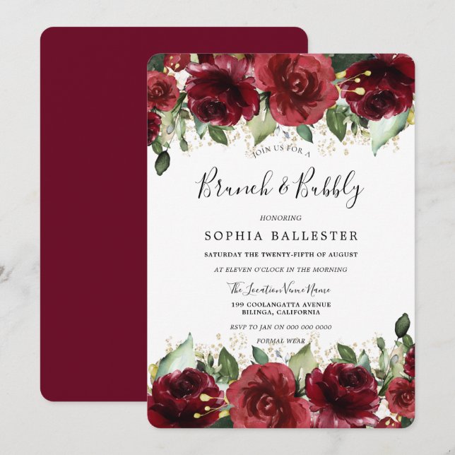 Red Roses Romantic Brunch & Bubbly Bridal Shower Invitation (Front/Back)