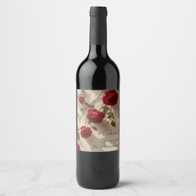 Red Roses Romantic Custom Name Wine Label (Front)