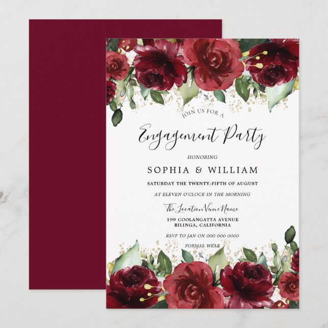 Red Roses Romantic Floral Engagement Party Invitation (Front/Back)