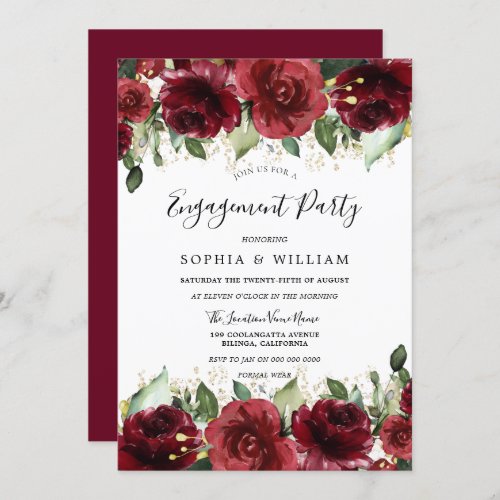 Red Roses Romantic Floral Engagement Party Invitation