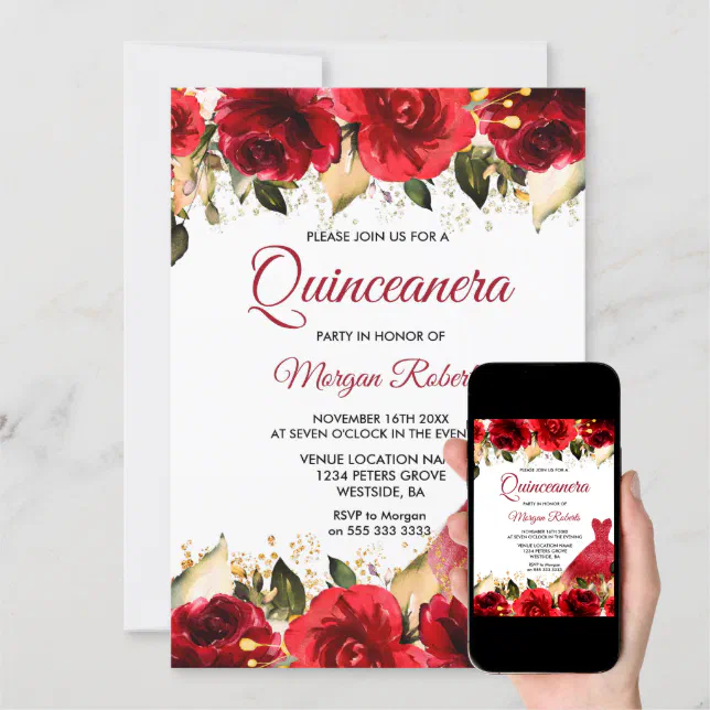 Red Roses Romantic Floral Gown Quinceanera Party Invitation | Zazzle