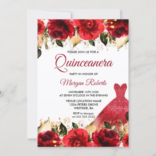 Red Roses Romantic Floral Gown Quinceanera Party Invitation