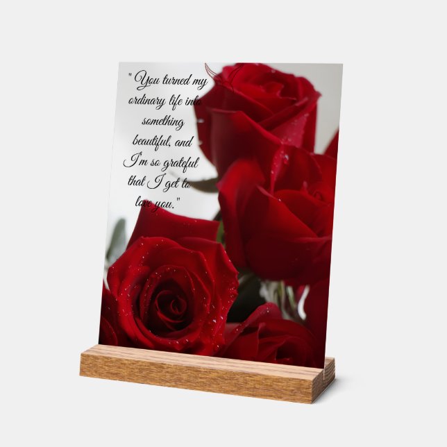 Red Roses Romantic Quote Acrylic Sign (Angle)