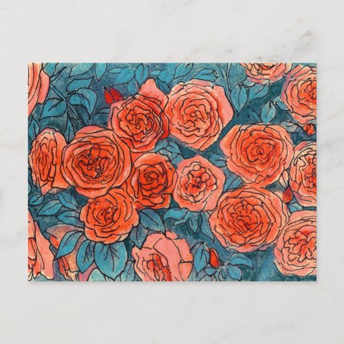 Red Roses Rose Garden Life Sketch Ink Pastels Postcard