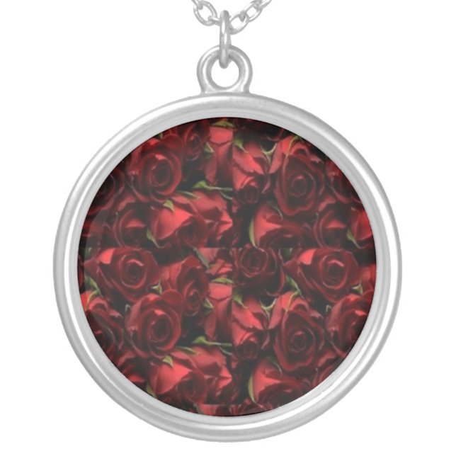 Red Roses Round Floral Pendant Necklace (Front)