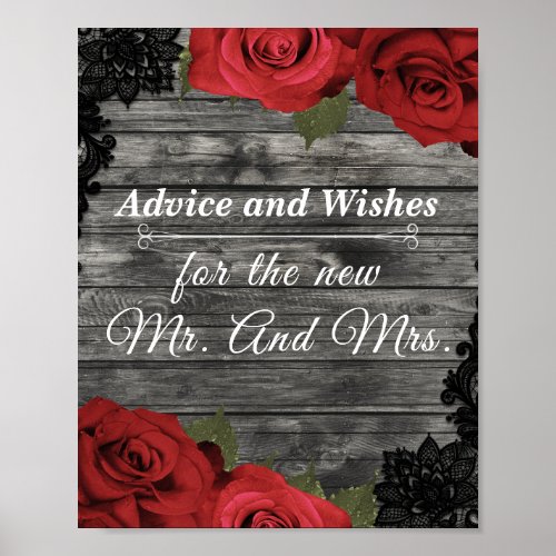 Red Roses Rustic Black Lace Wedding Advice Wishes  Poster