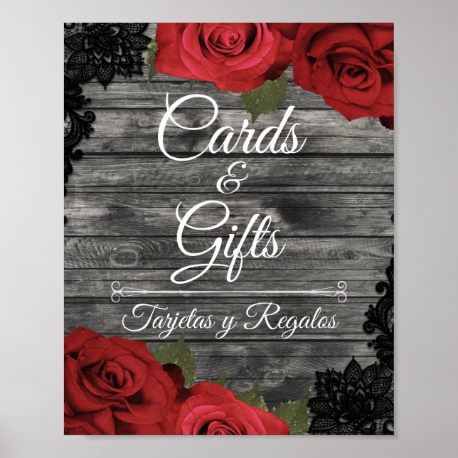 Red Roses Rustic Black Lace Wedding Cards Sign (Front)