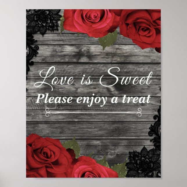 Red Roses Rustic Black Lace Wedding Enjoy Treat Po Poster (Front)