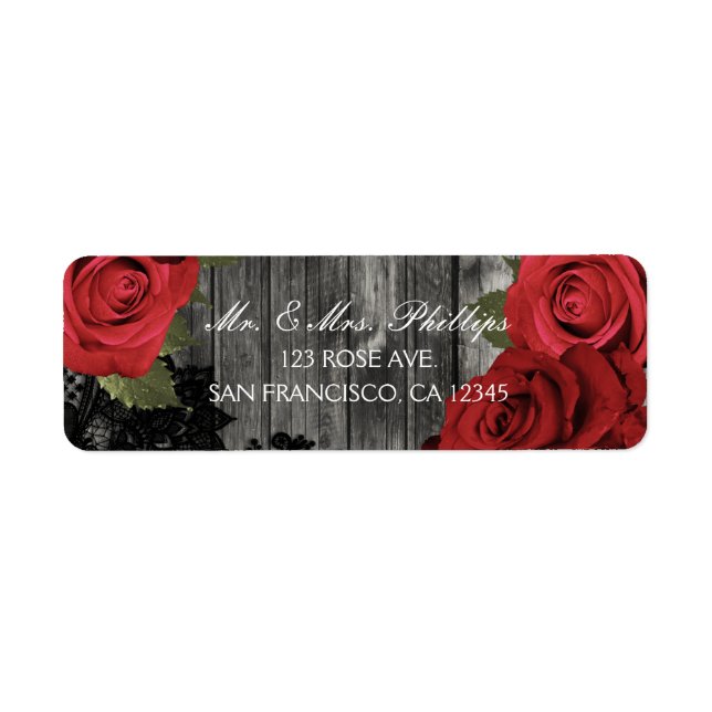 Red Roses Rustic Black Lace Wedding Favor Gift Label (Front)