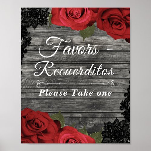 Red Roses Rustic Black Lace Wedding Favor Sign