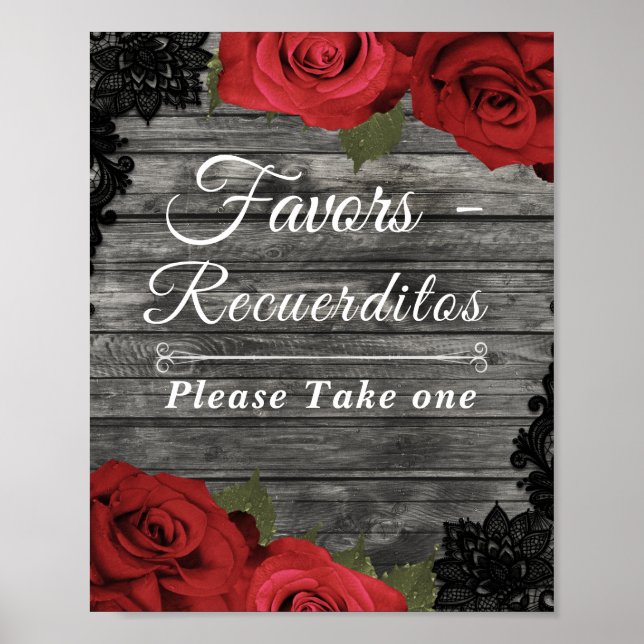 Red Roses Rustic Black Lace Wedding Favor Sign (Front)