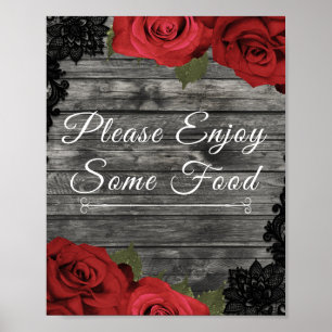 Red Roses Rustic Black Lace Wedding Food Sign