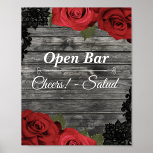 Red Roses Rustic Black Lace Wedding Open Bar Sign