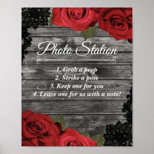 Red Roses Rustic Black Lace Wedding Photo Station Poster