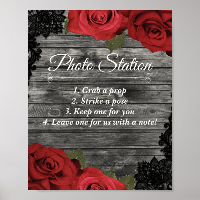 Red Roses Rustic Black Lace Wedding Photo Station Poster (Front)