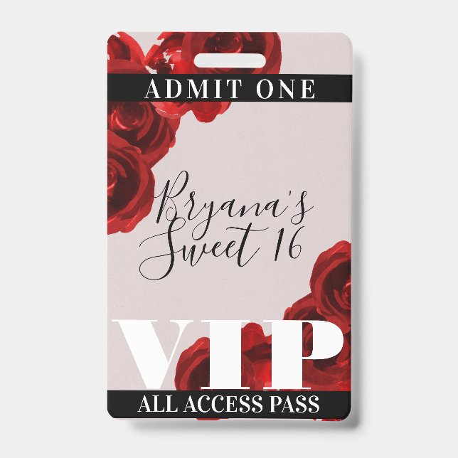 Red Roses Rustic Chic Sweet 16 VIP Pass Badge (Front)