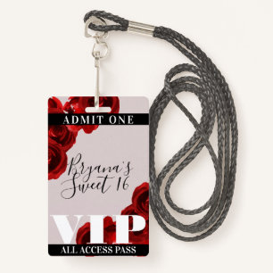 Red Roses Rustic Chic Sweet 16 VIP Pass Badge