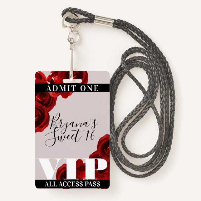 Red Roses Rustic Chic Sweet 16 VIP Pass Badge (Front with Lanyard)