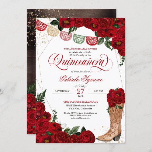 Red Roses Rustic Western Charro Boots Quinceaera Invitation