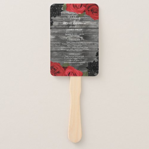 Red Roses Rustic Wood Black Lace Wedding Hand Fan