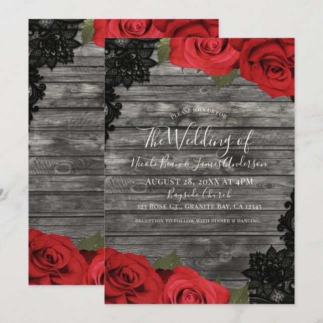 Red Roses Rustic Wood Black Lace Wedding Invitation (Front/Back)