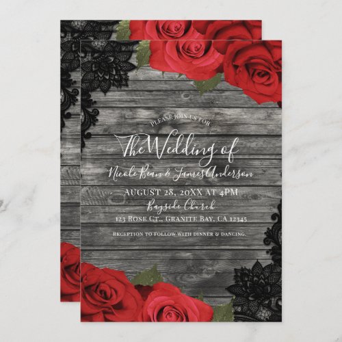Red Roses Rustic Wood Black Lace Wedding Invitation