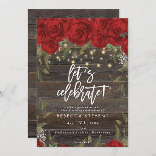red roses rustic wood let's celebrate birthday invitation