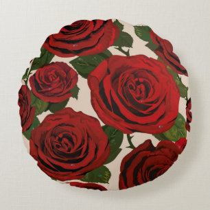 	Red roses. Seamless floral background.  Round Pillow