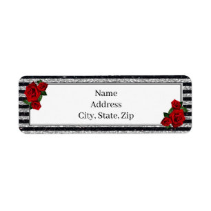 Red Roses Silver Black Stripes Address Label