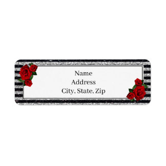 Red Roses Silver Black Stripes Address Label