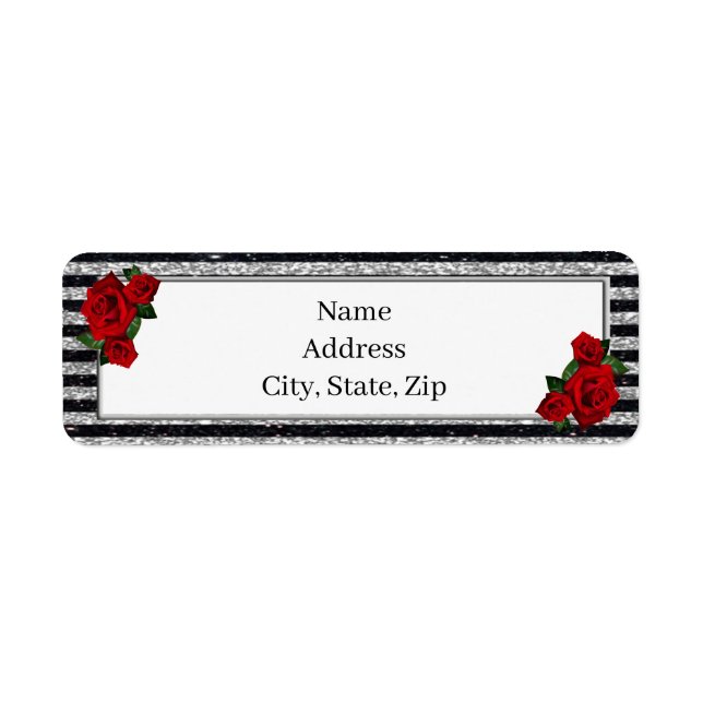 Red Roses Silver Black Stripes Address Label (Front)