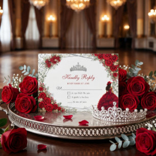 Red Roses Silver Butterflies Quinceañera RSVP Card